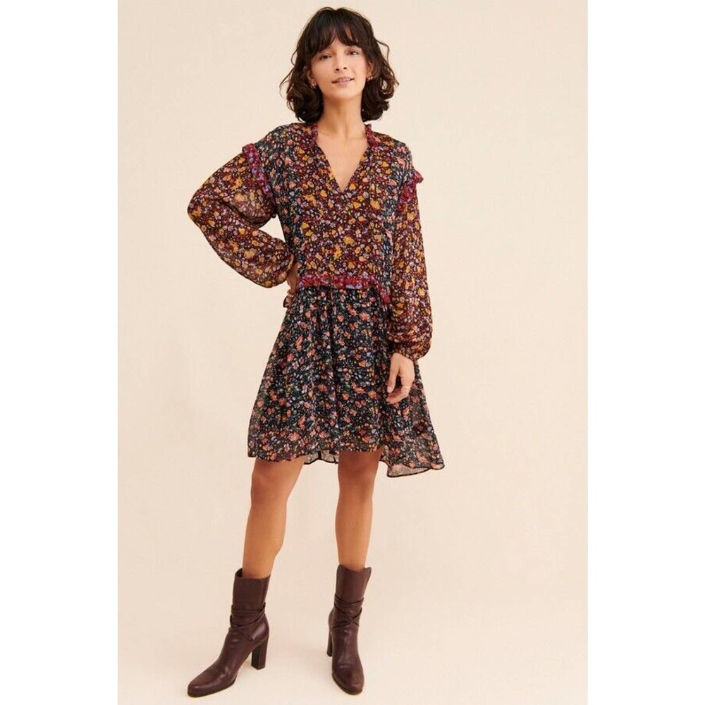 NWT ANTHROPOLOGIE Helen Multicolored Floral Size Small Ruffle TUNIC DRESS New